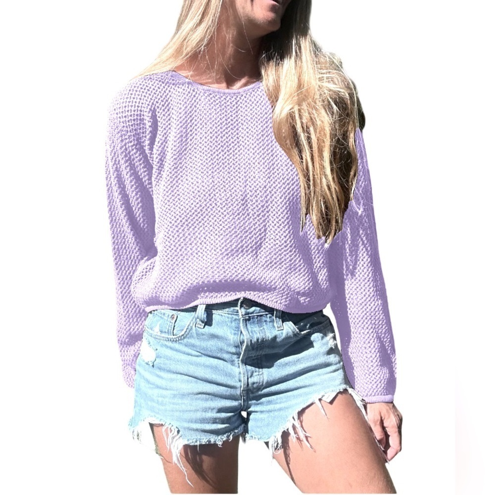 The Salty Babe | The Jackie Open‎ Knit Sweater Medium Purple Mesh Crochet
